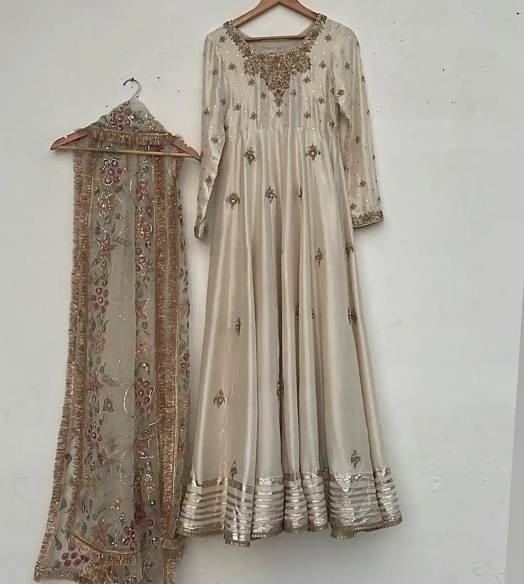 Pure Raw Silk Maxi Dress with Gold Organza Dupatta