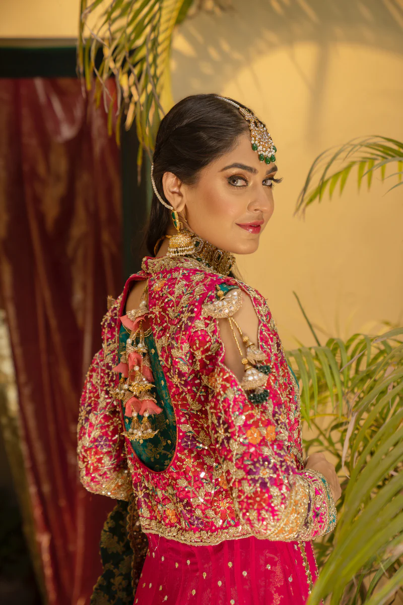 Hot Pink Embroidered Rawsilk Kalidar Pishwas