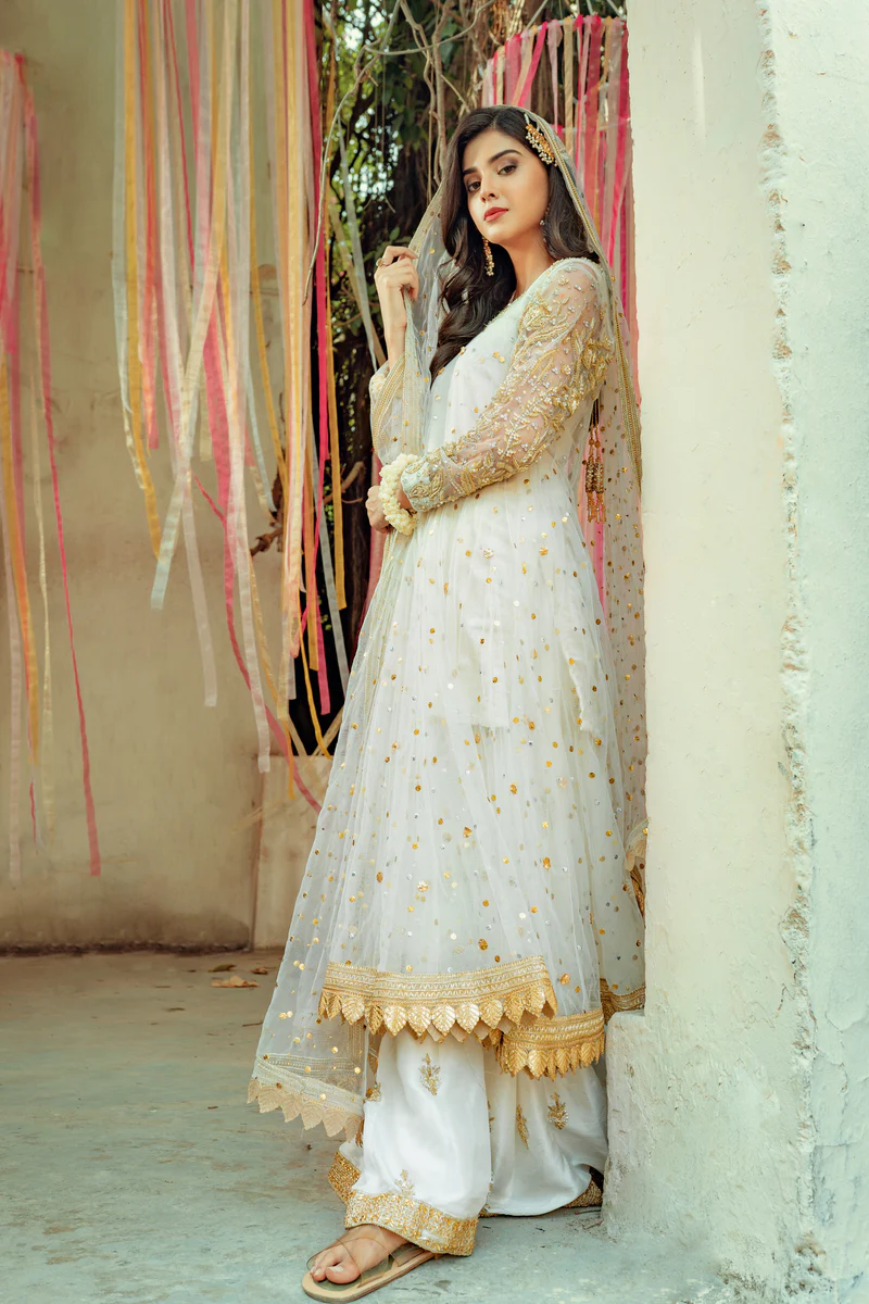 White Gota & Mukesh Kalidar with Rawsilk Plazo Pants