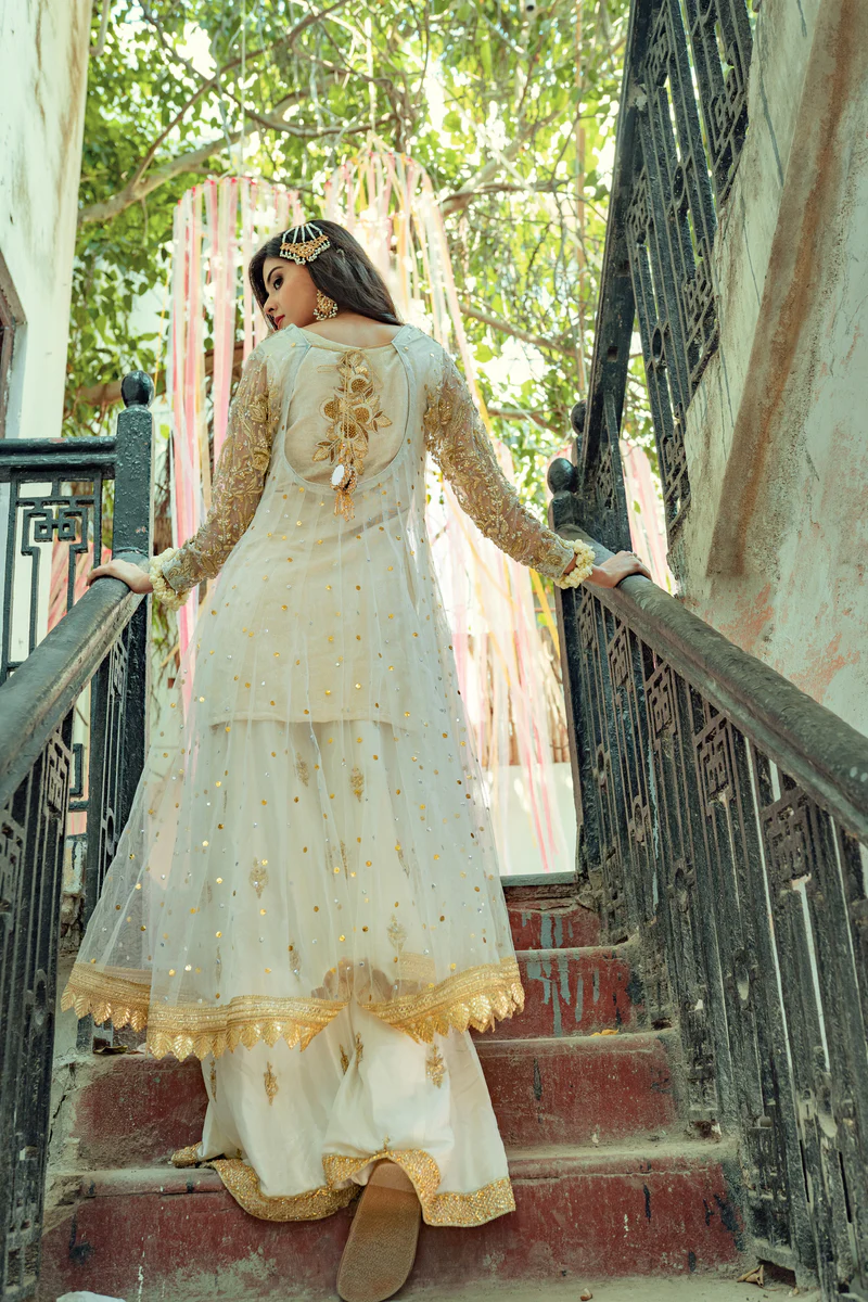 White Gota & Mukesh Kalidar with Rawsilk Plazo Pants