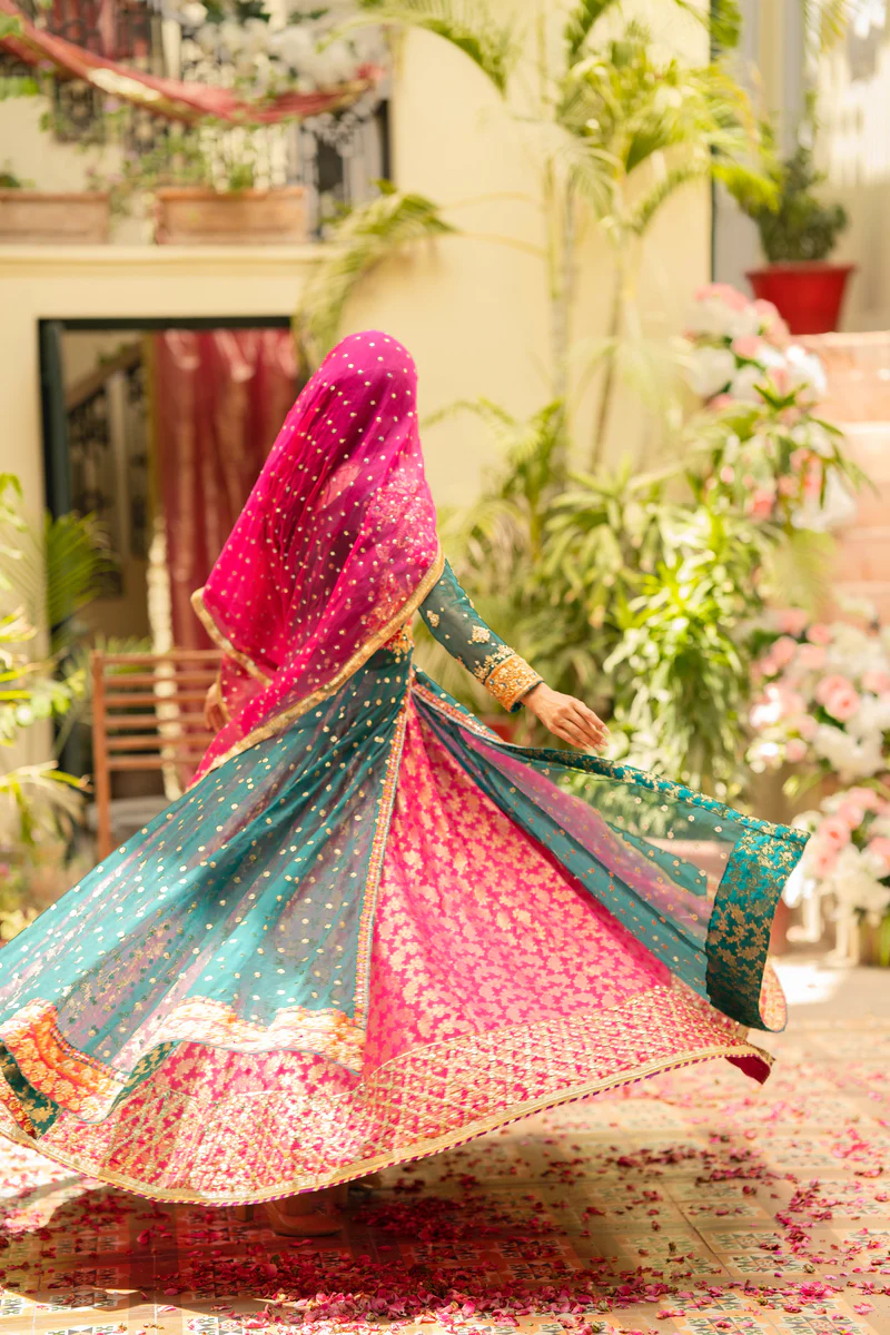 Resham & Mirror Work Kalidar with Hot Pink Dupatta