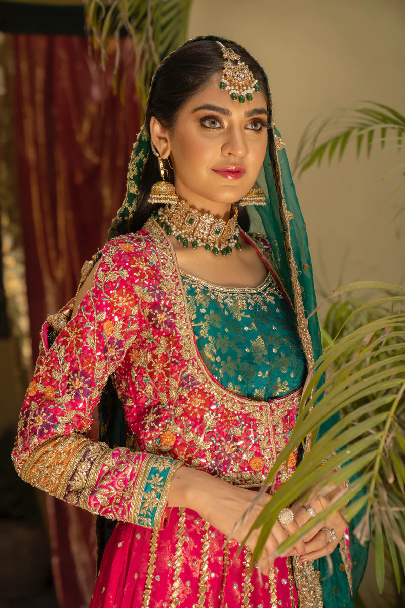 Hot Pink Embroidered Rawsilk Kalidar Pishwas