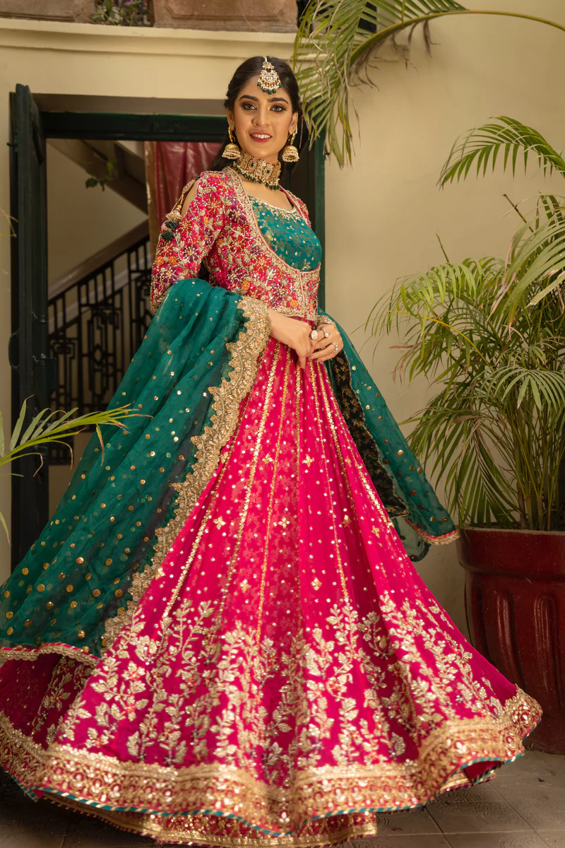 Hot Pink Embroidered Rawsilk Kalidar Pishwas