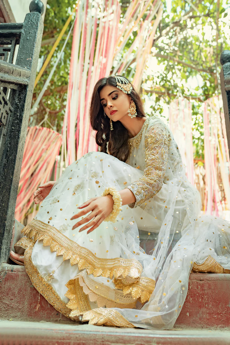 White Gota & Mukesh Kalidar with Rawsilk Plazo Pants