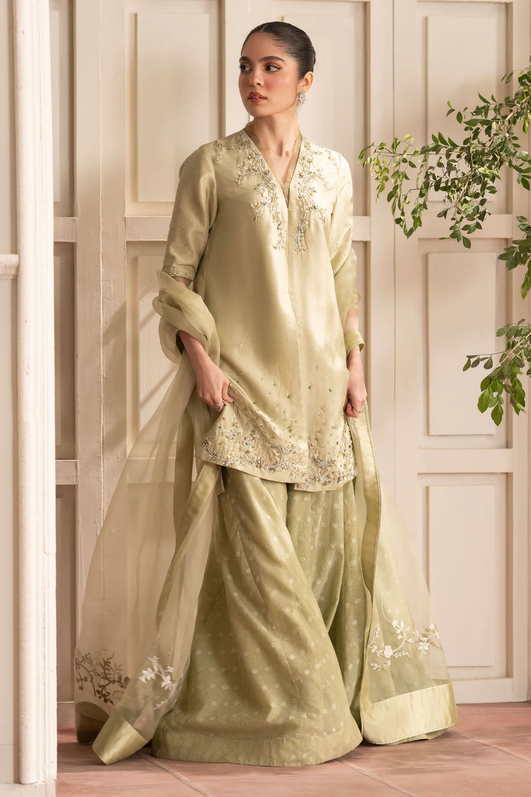 Elegant Charlotte Lime Green Raw Silk Short Shirt