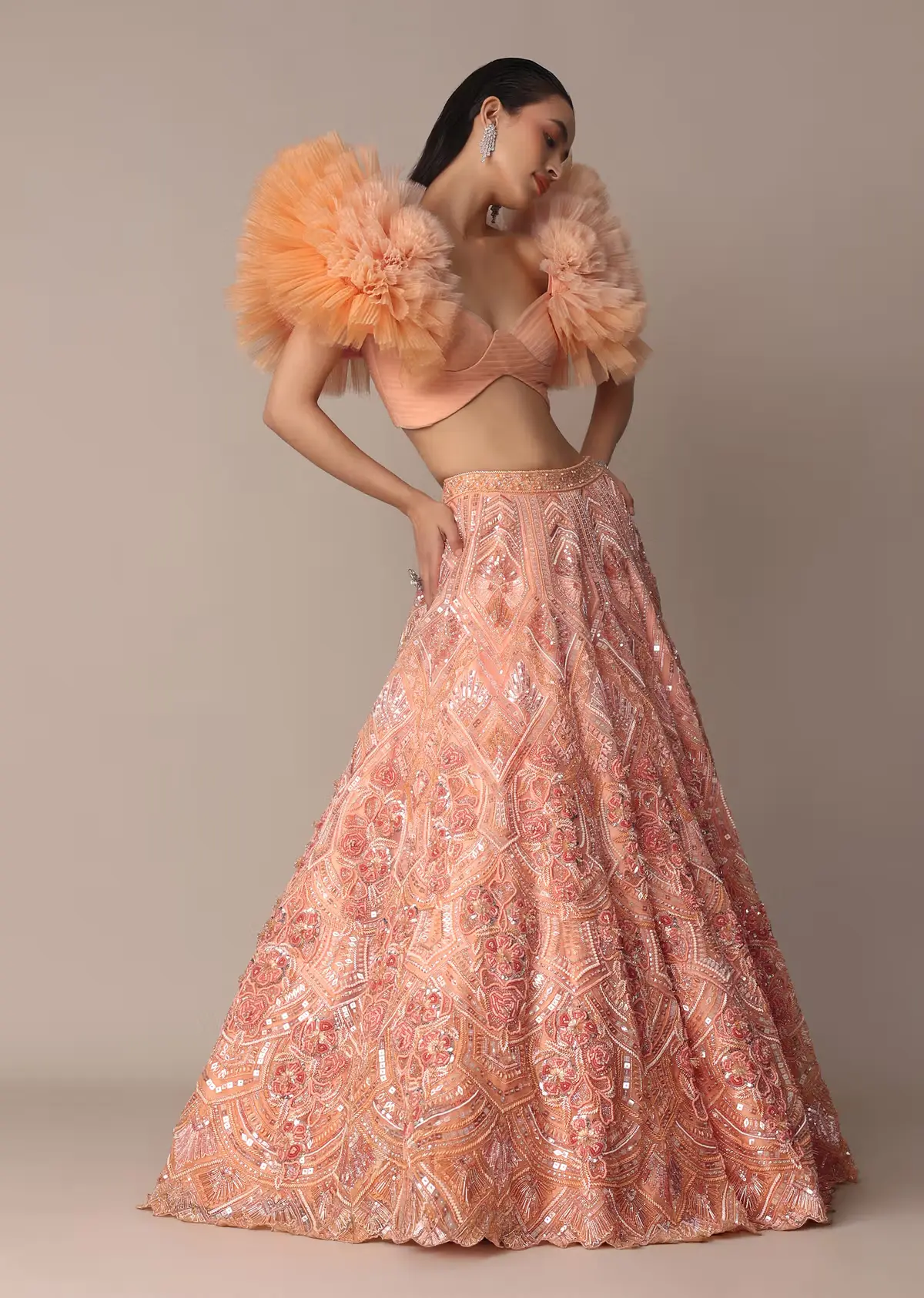 Peach Organza Embroidered Lehenga Set