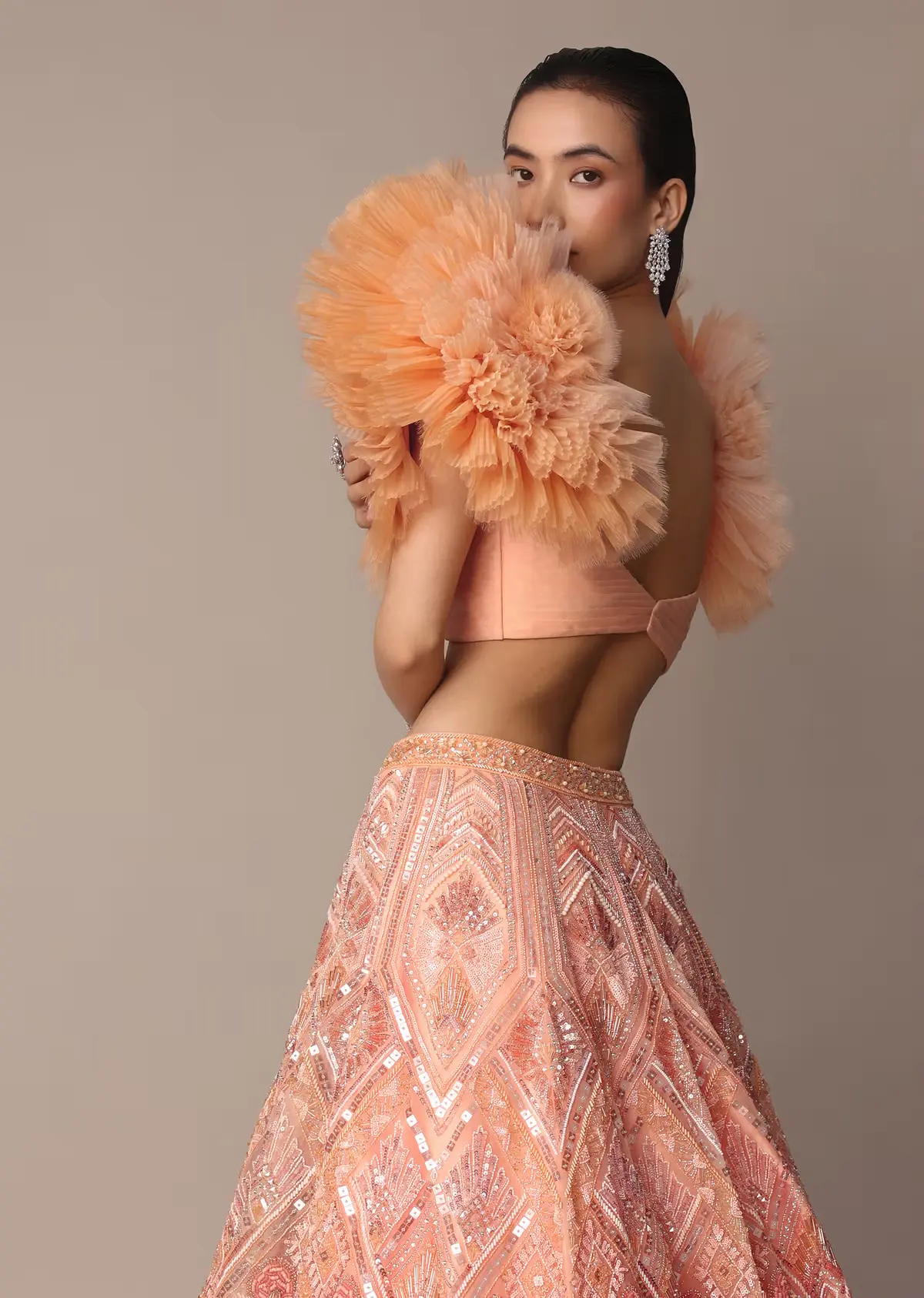 Peach Organza Embroidered Lehenga Set