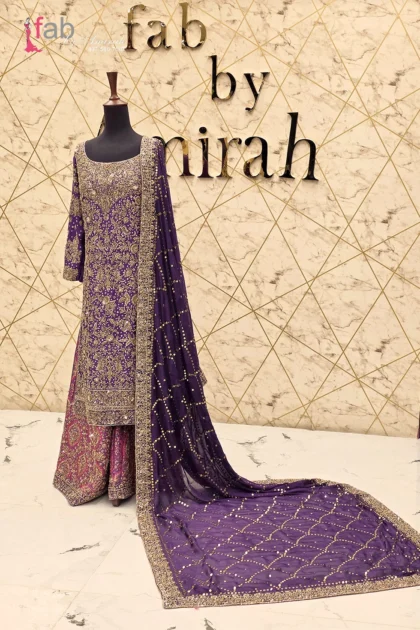 Full view of purple sharara suit with heavy gold zardozi embellishment