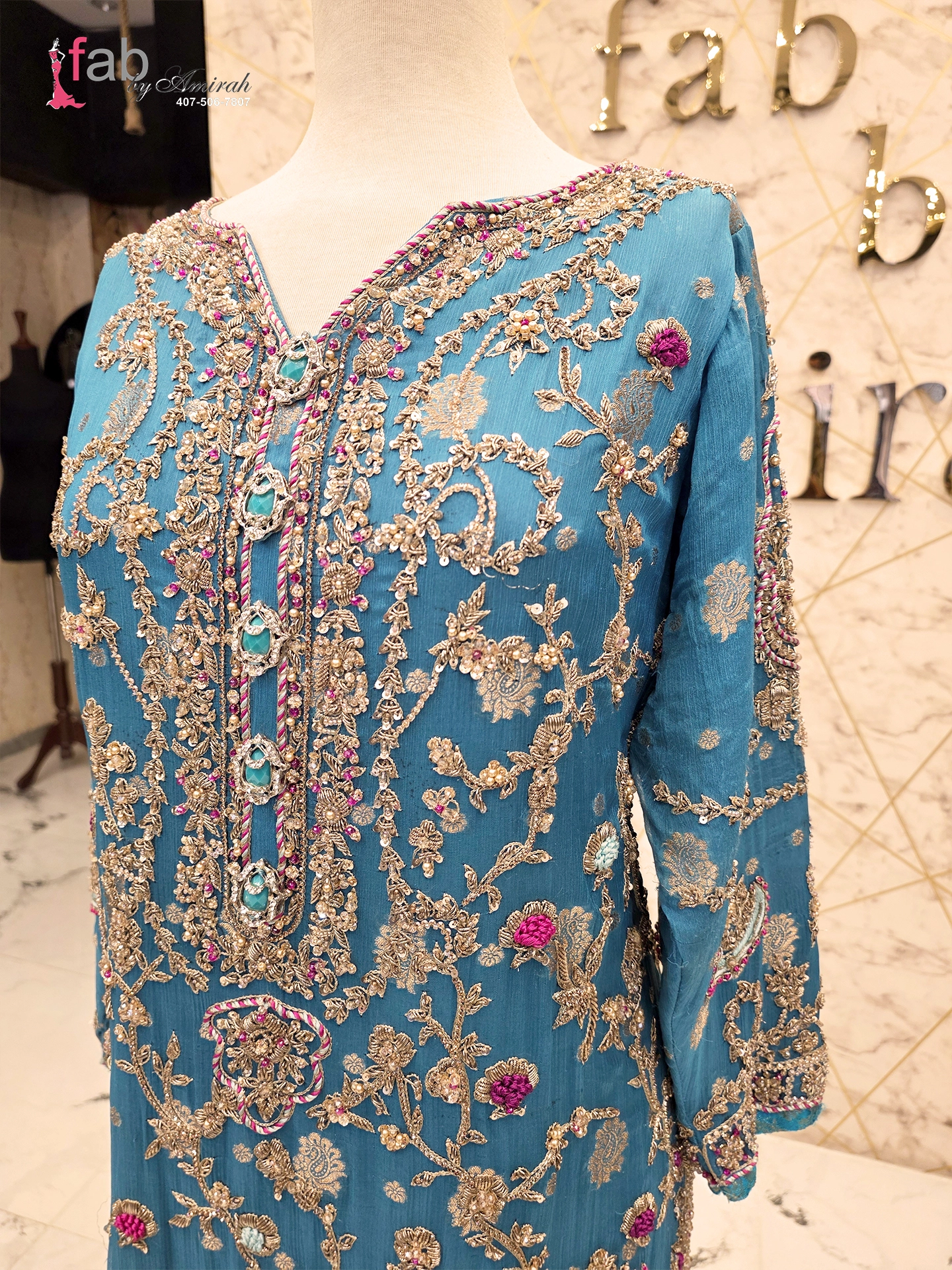 Turquoise Blue Heavy Embroidered Kurta