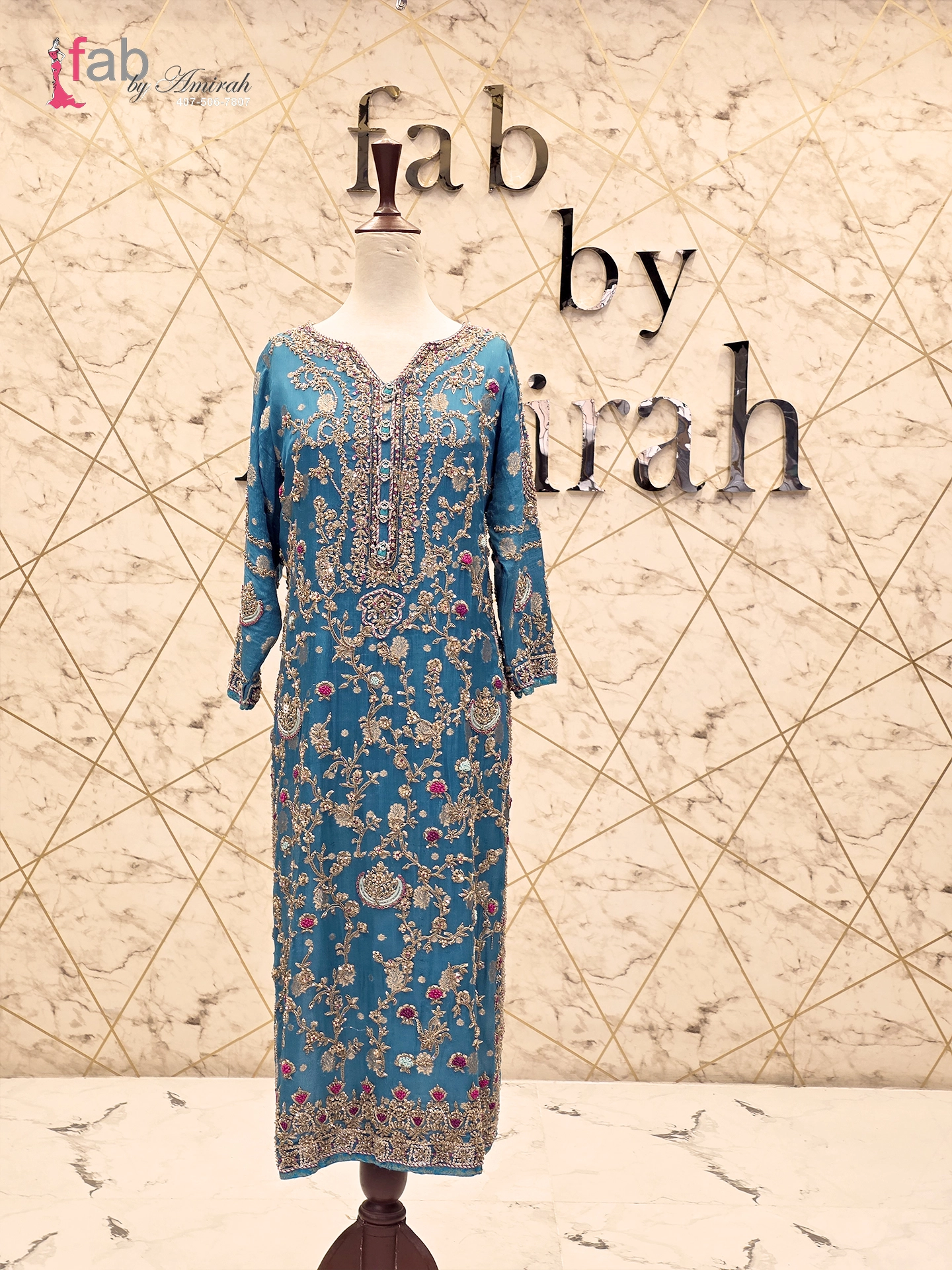 Turquoise Blue Heavy Embroidered Kurta