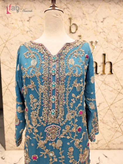 Turquoise Blue Heavy Embroidered Kurta