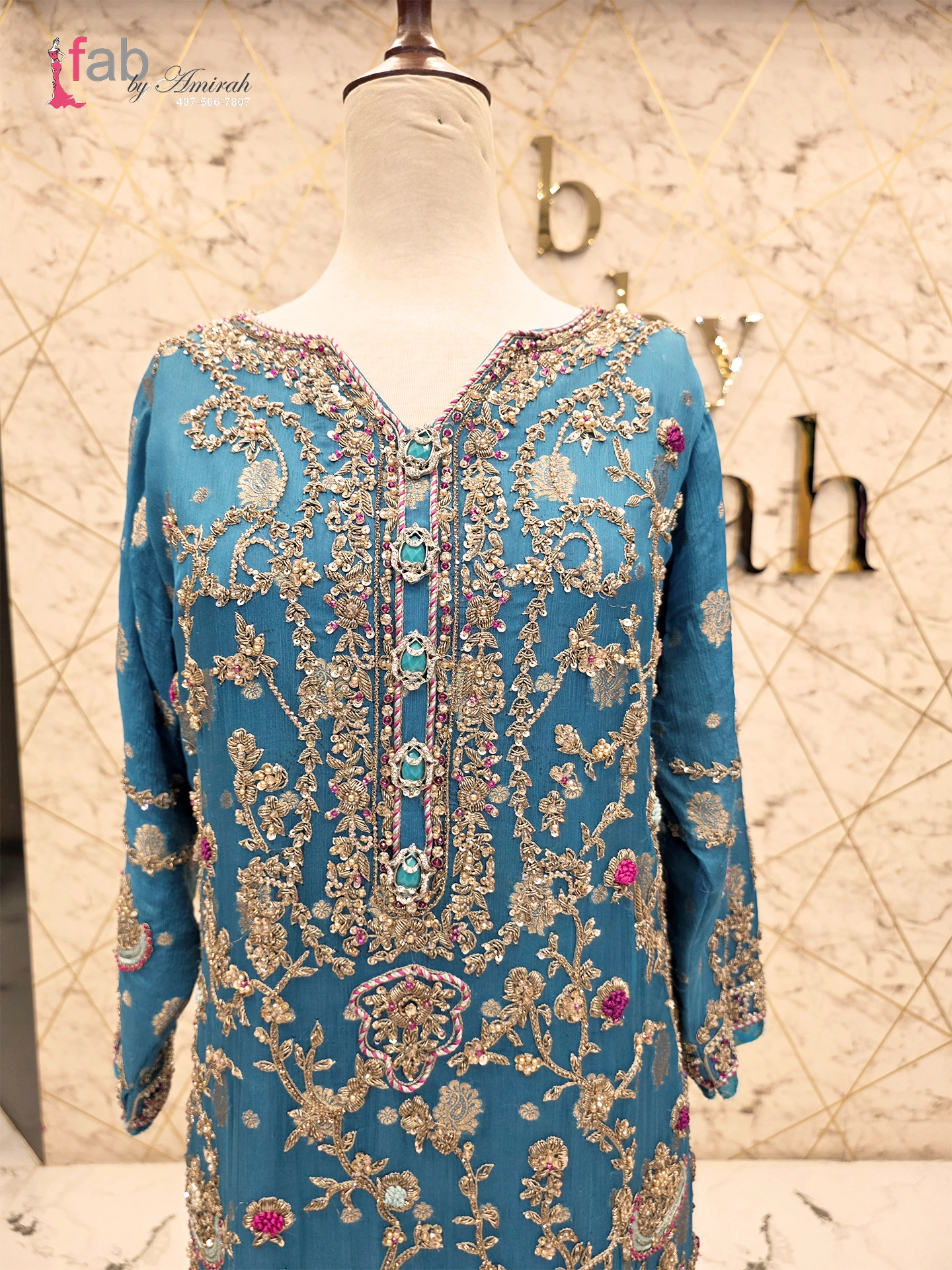 Turquoise Blue Heavy Embroidered Kurta