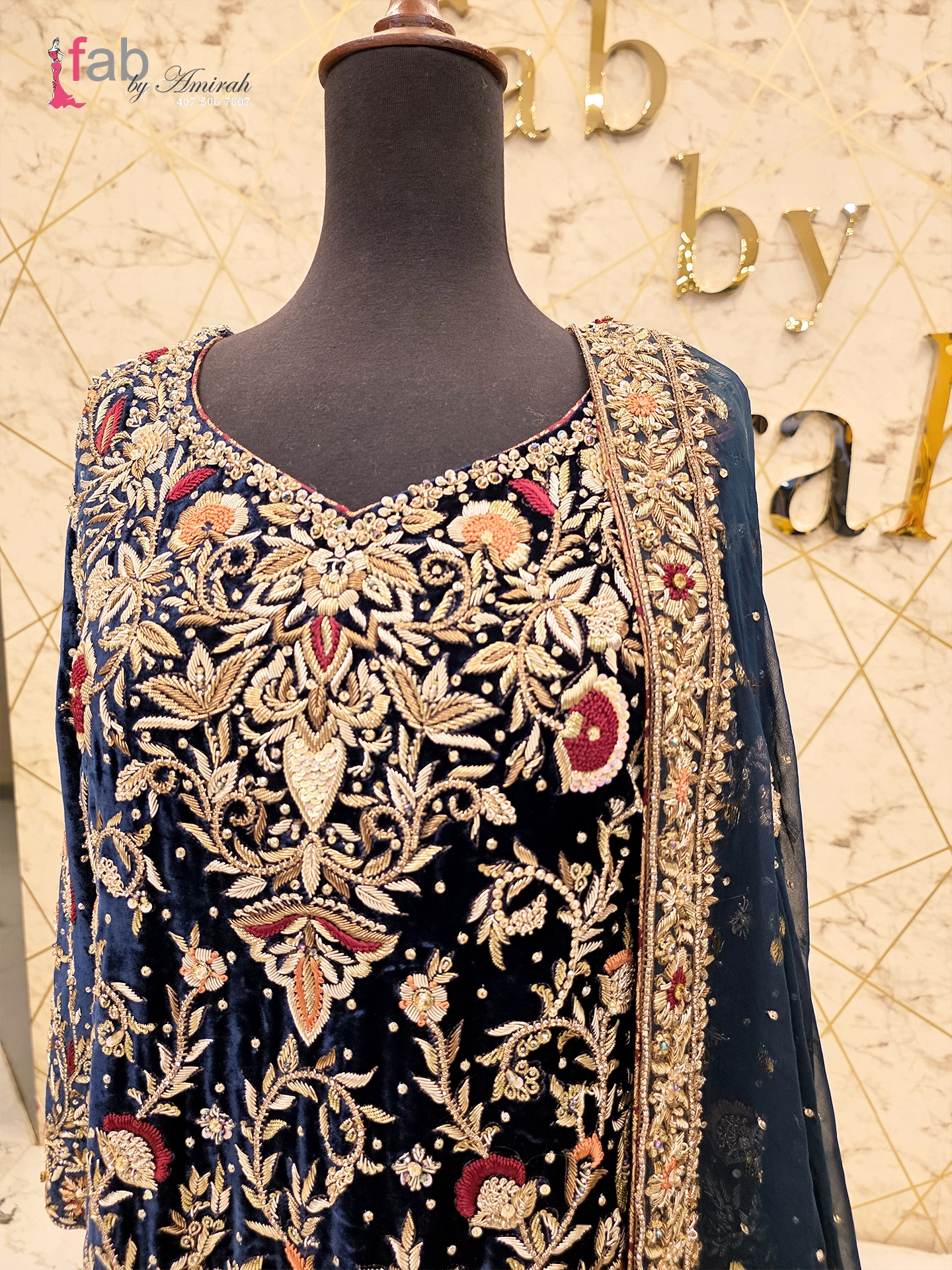 Hand-Embroidered Royal Navy Blue Velvet Wedding Dress