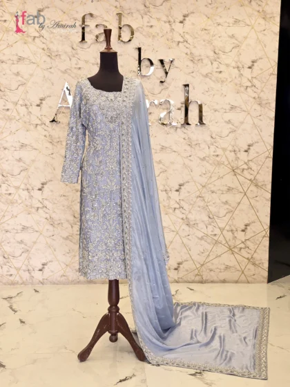 Silver Heavy Embroidered Luxury Formal Net Dress