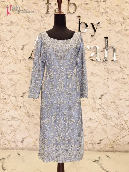 Silver Heavy Embroidered Luxury Formal Net Dress