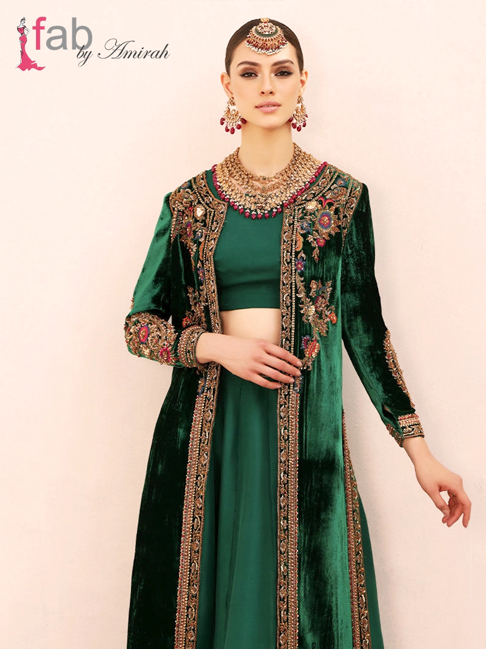 Luxury Green Velvet Jacket & Raw Silk Lehenga Set