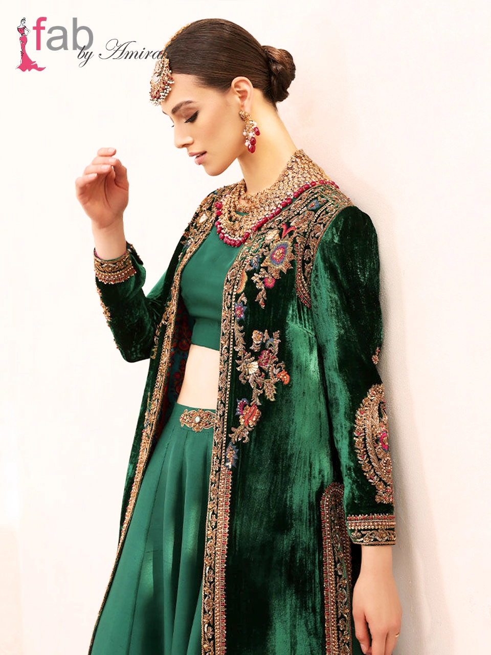 Luxury Green Velvet Jacket & Raw Silk Lehenga Set