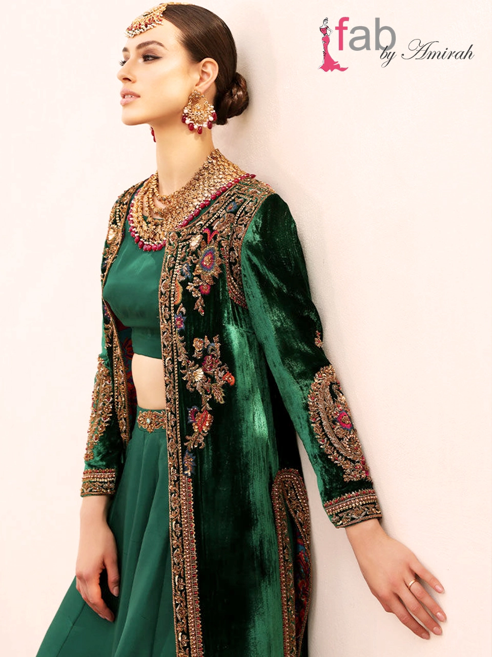 Luxury Green Velvet Jacket & Raw Silk Lehenga Set