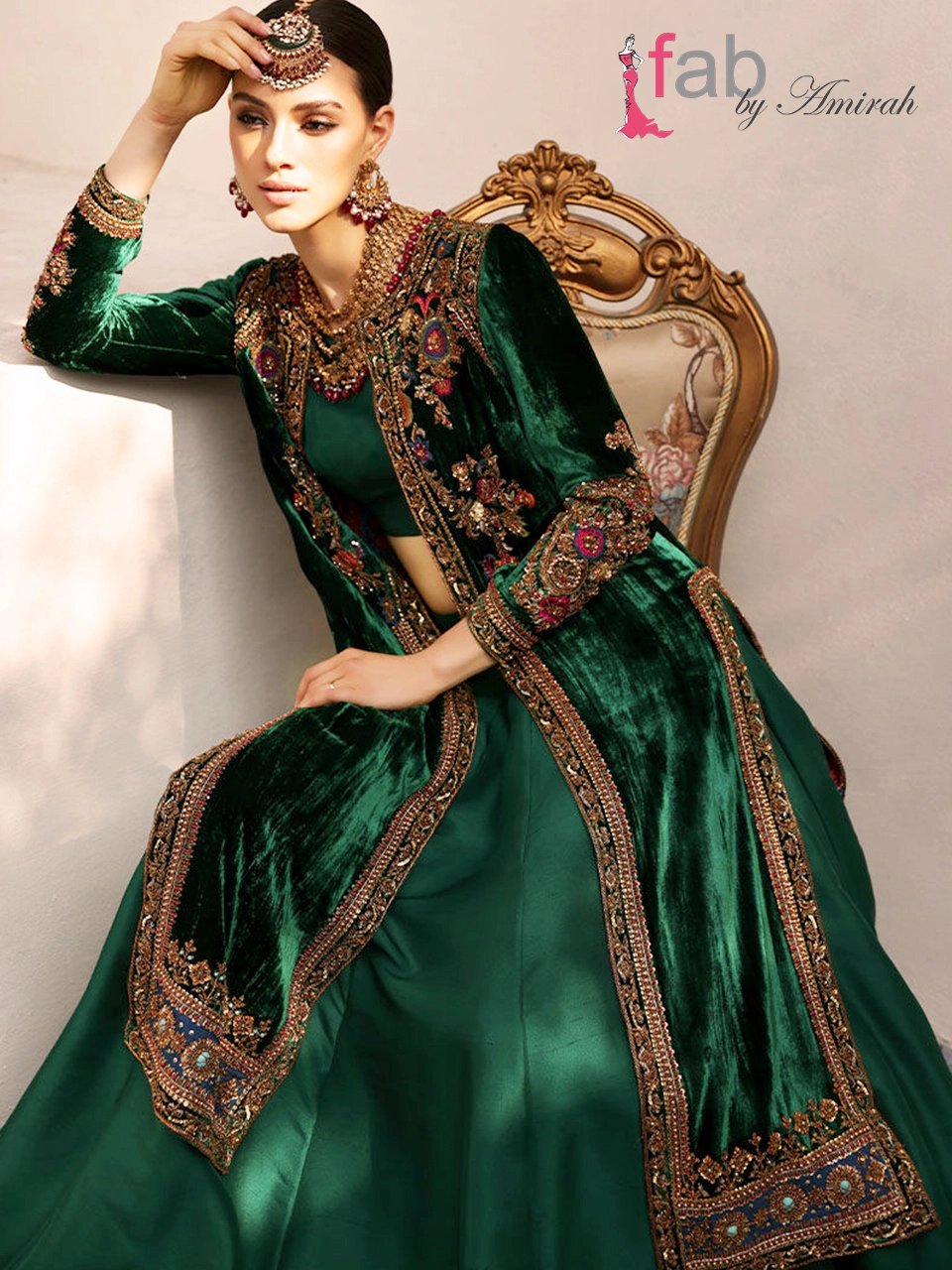 Luxury Green Velvet Jacket & Raw Silk Lehenga Set