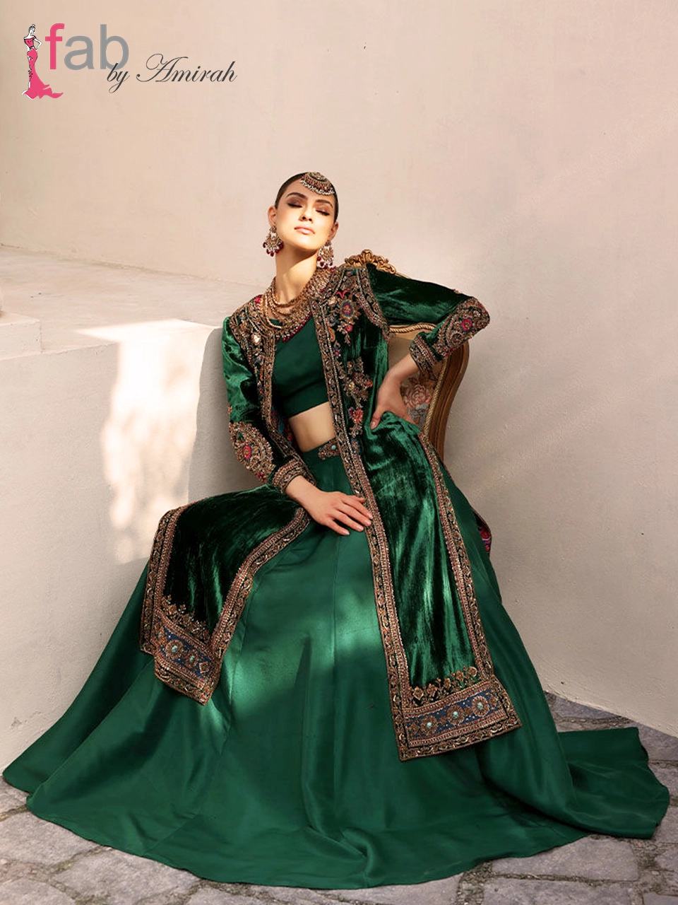 Luxury Green Velvet Jacket & Raw Silk Lehenga Set