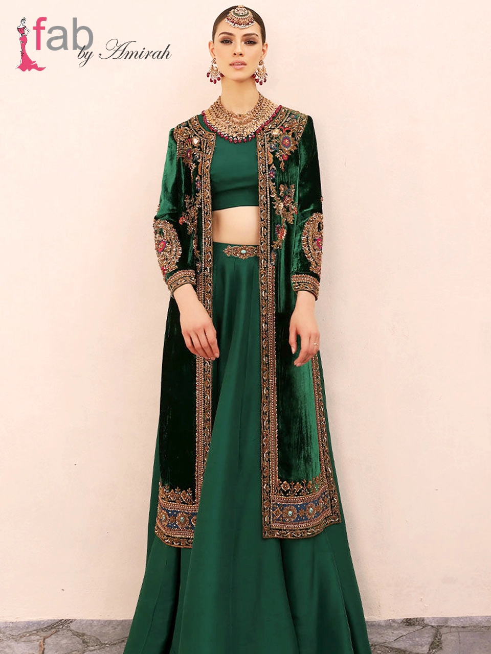 Green Velvet Jacket & Raw Silk Lehenga