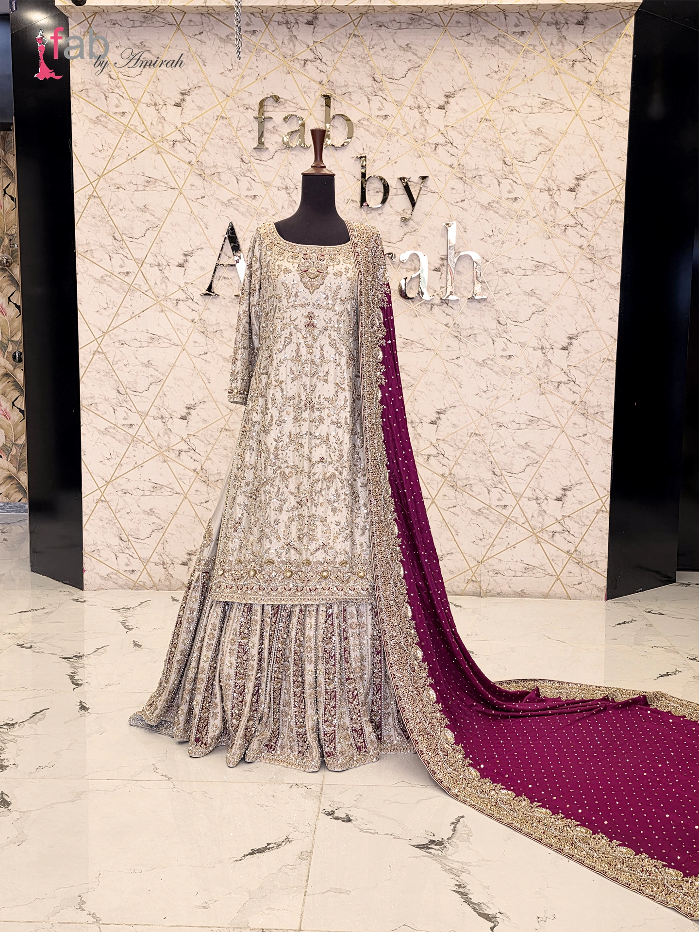 Luxury Ivory & Maroon Farshi Lehenga with Long Shirt and Trailing Dupatta