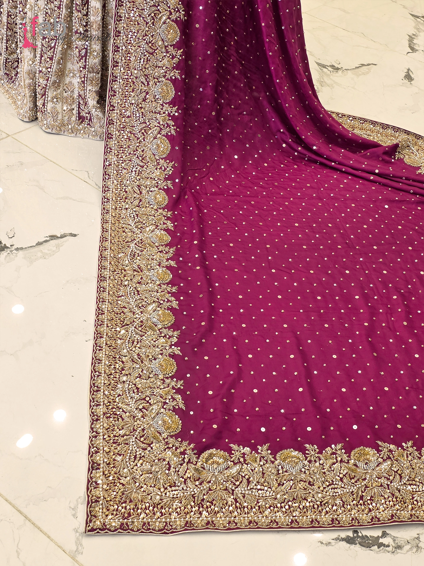 Luxury Ivory & Maroon Farshi Lehenga with Long Shirt and Trailing Dupatta