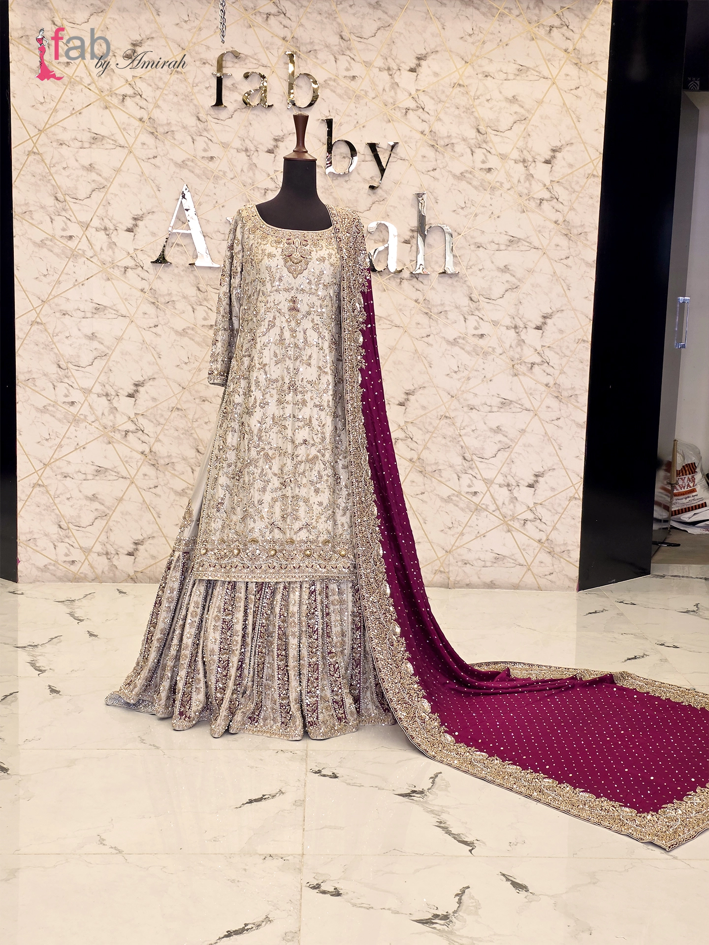 Ivory & Maroon Farshi Lehenga with Long Shirt