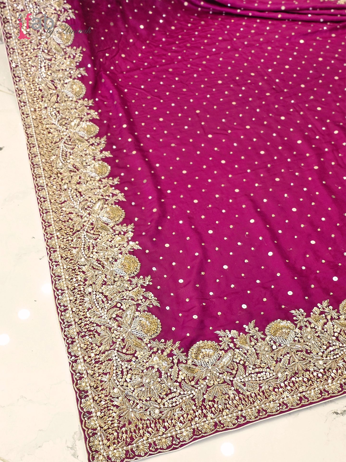 Luxury Ivory & Maroon Farshi Lehenga with Long Shirt and Trailing Dupatta