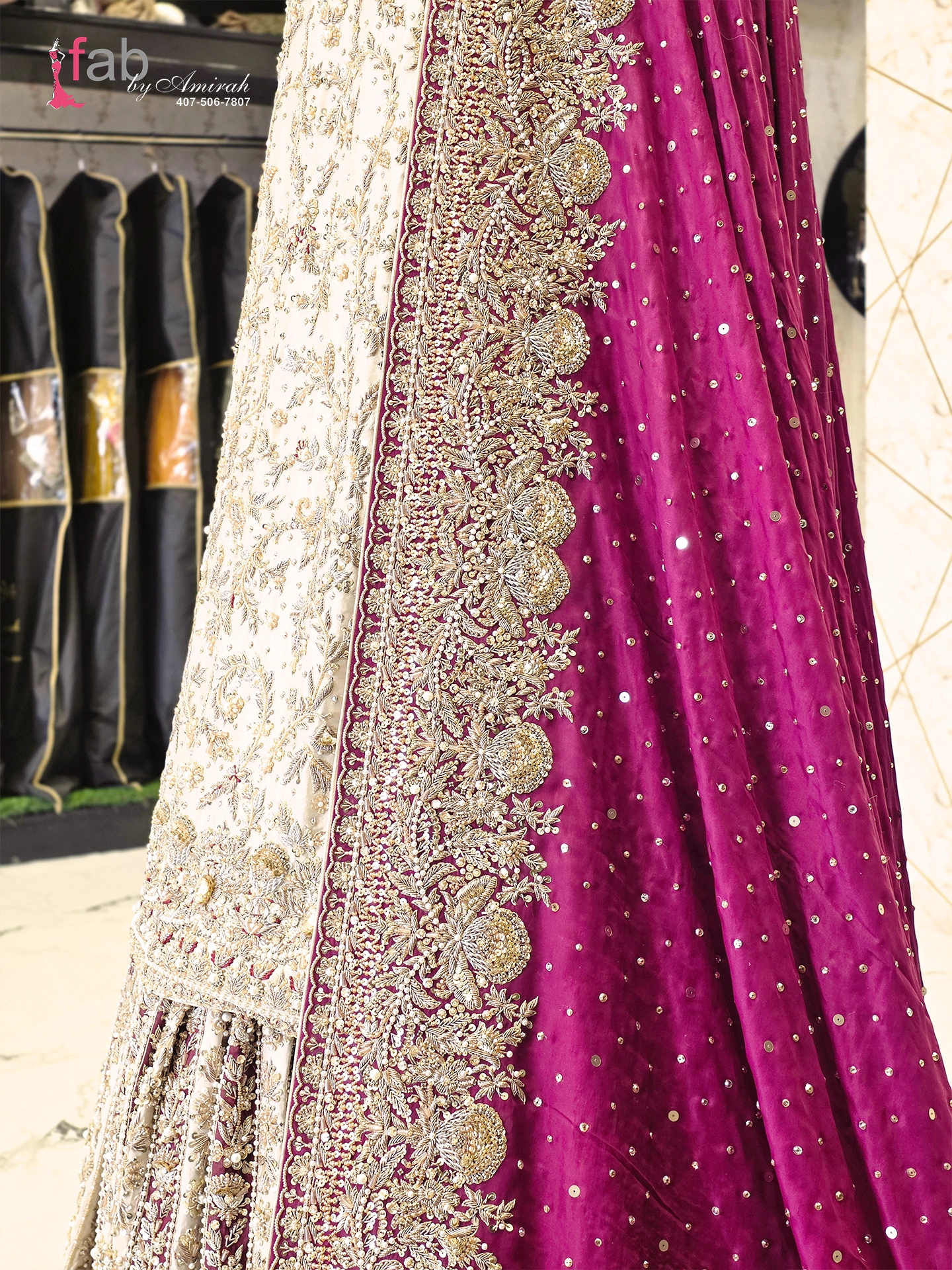 Luxury Ivory & Maroon Farshi Lehenga with Long Shirt and Trailing Dupatta