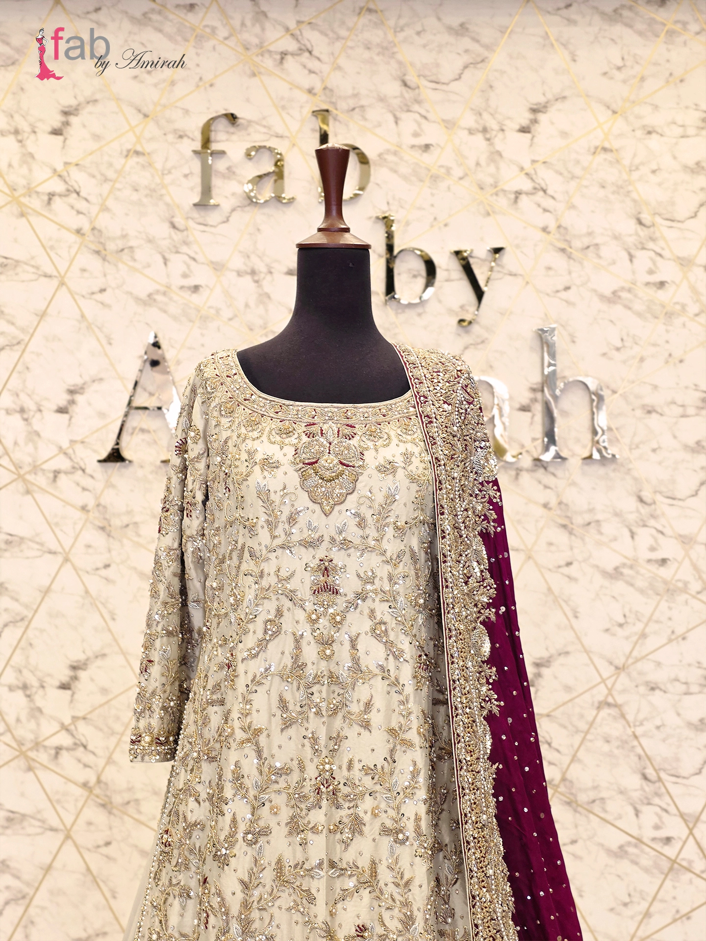 Luxury Ivory & Maroon Farshi Lehenga with Long Shirt and Trailing Dupatta