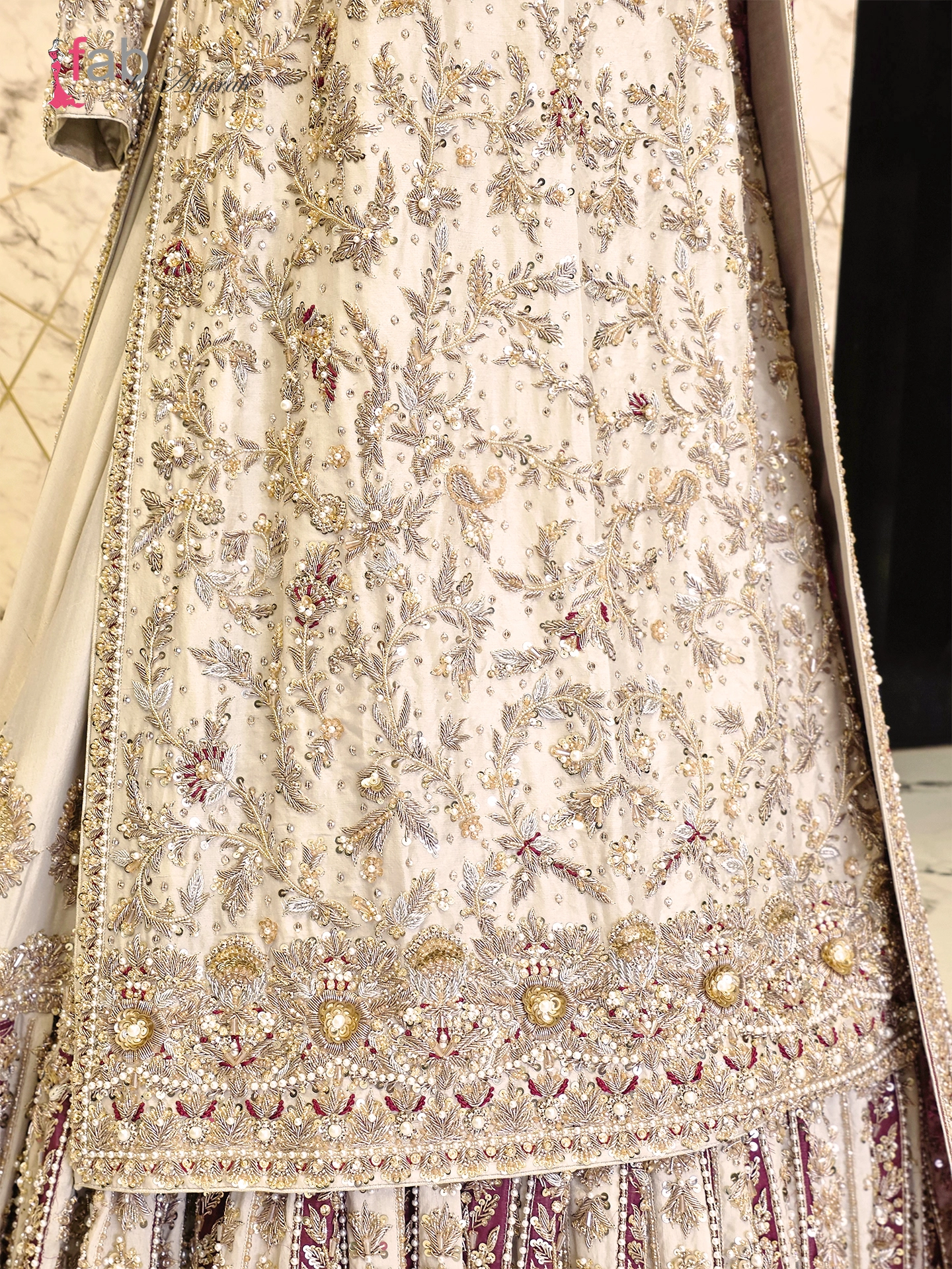 Luxury Ivory & Maroon Farshi Lehenga with Long Shirt and Trailing Dupatta