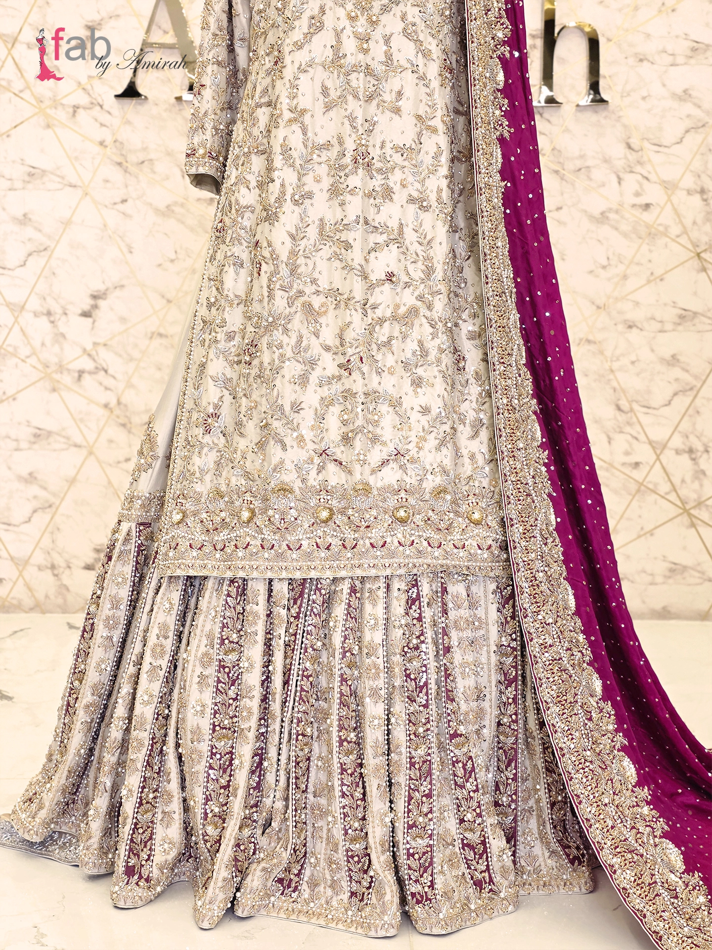 Luxury Ivory & Maroon Farshi Lehenga with Long Shirt and Trailing Dupatta