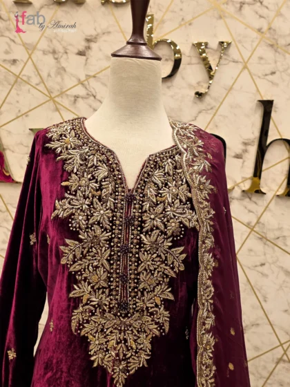 Maroon Velvet Suit with Heavy Gold Embroidery