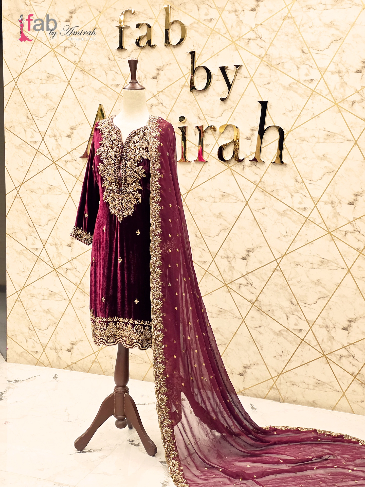 Maroon Velvet Suit with Heavy Gold Embroidery