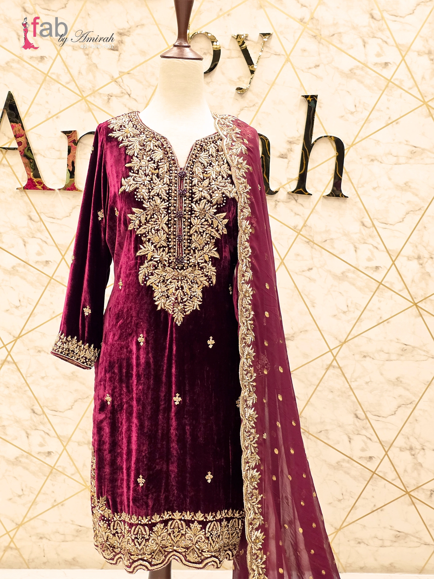 Maroon Velvet Suit with Heavy Gold Embroidery