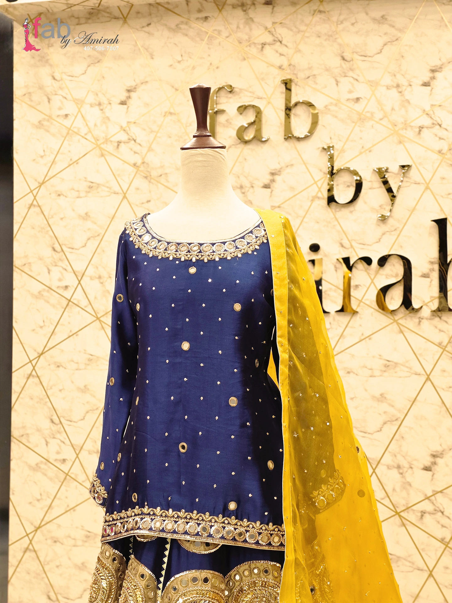 Royal Blue Mirror Work Lehenga with Yellow Dupatta
