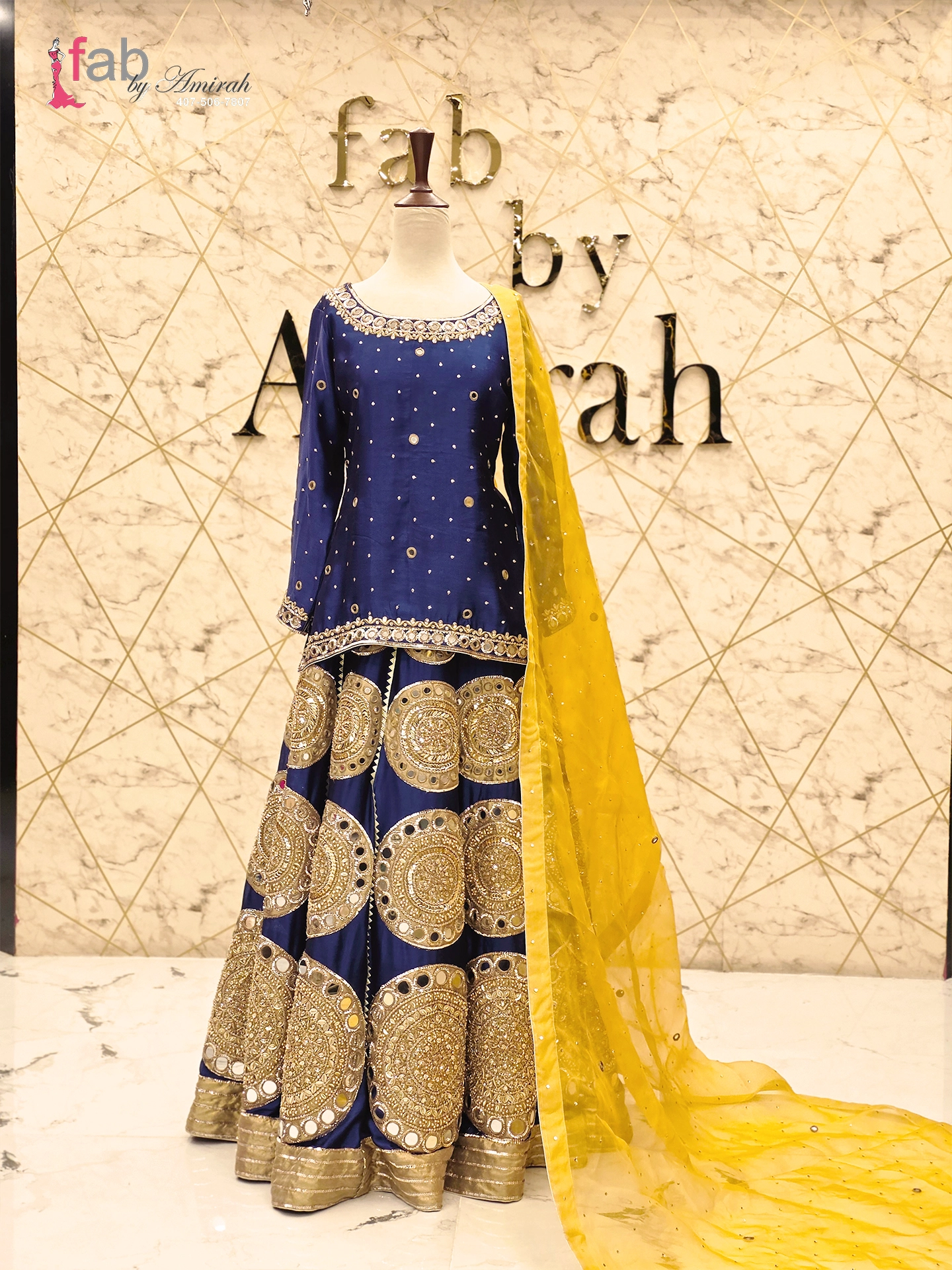 Royal Blue Mirror Work Lehenga with Yellow Dupatta