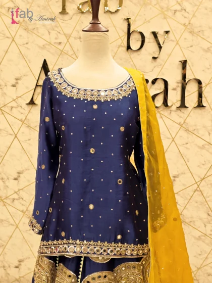 Royal Blue Mirror Work Lehenga with Yellow Dupatta