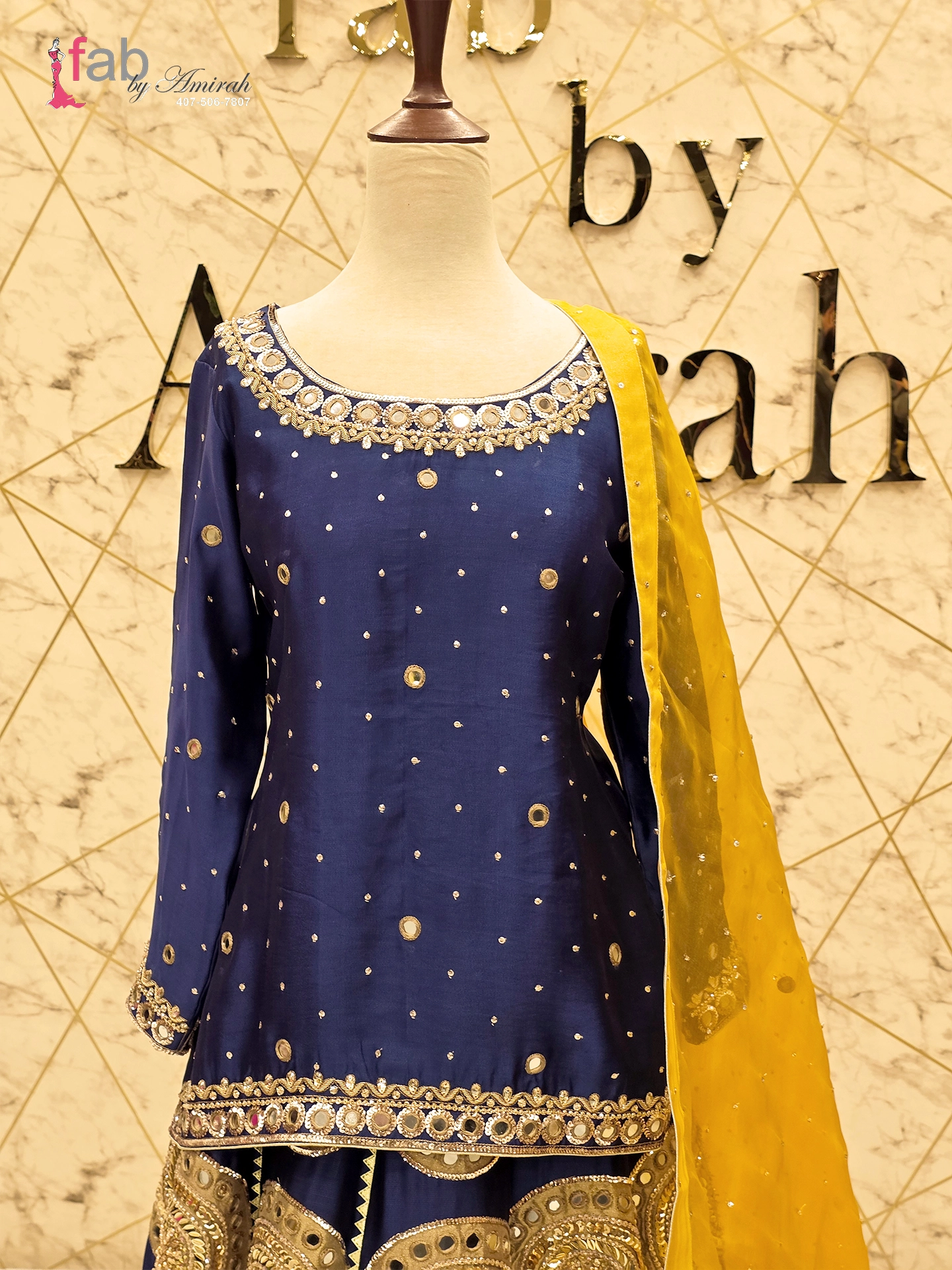 Royal Blue Mirror Work Lehenga with Yellow Dupatta