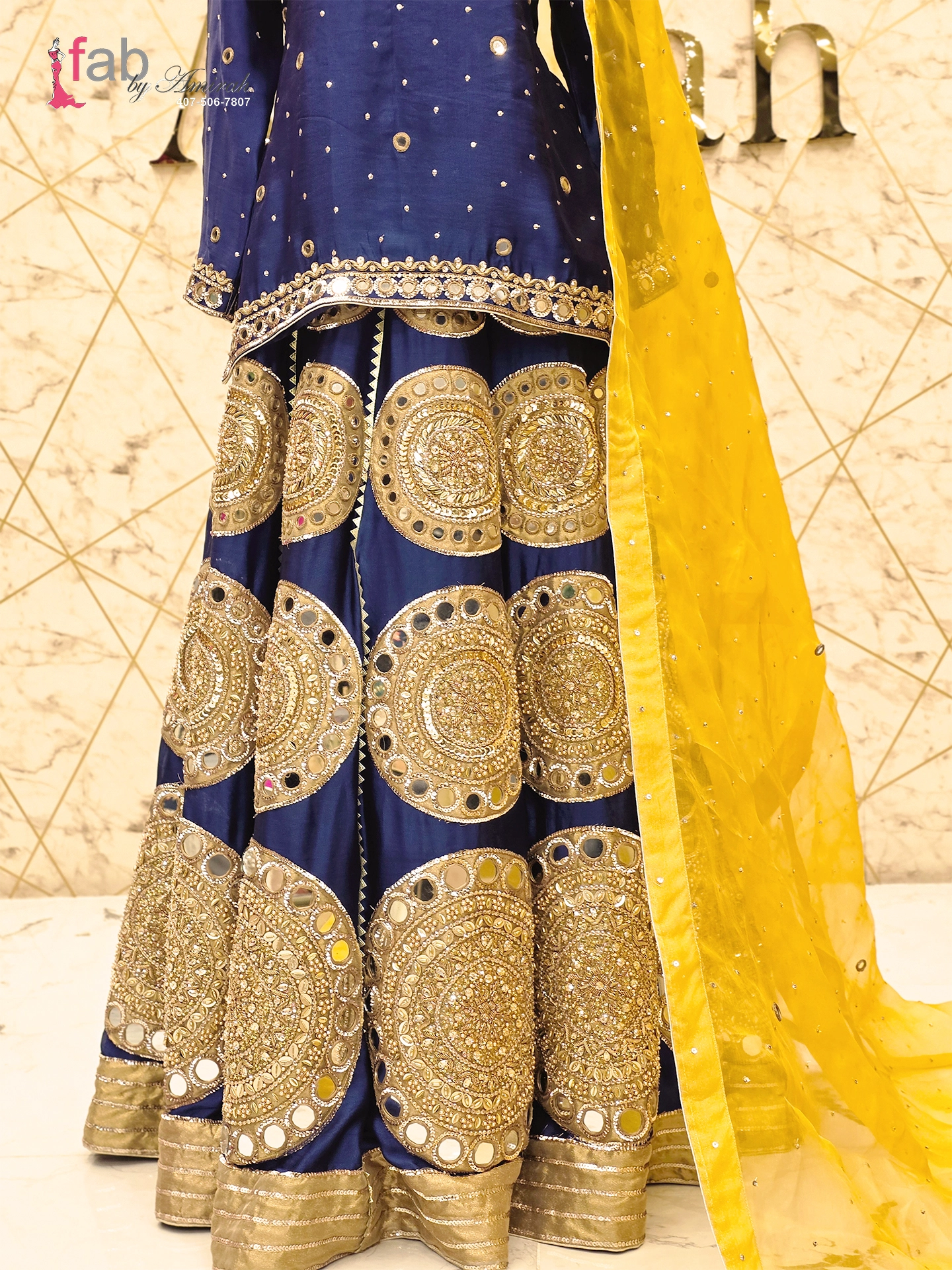 Royal Blue Mirror Work Lehenga with Yellow Dupatta
