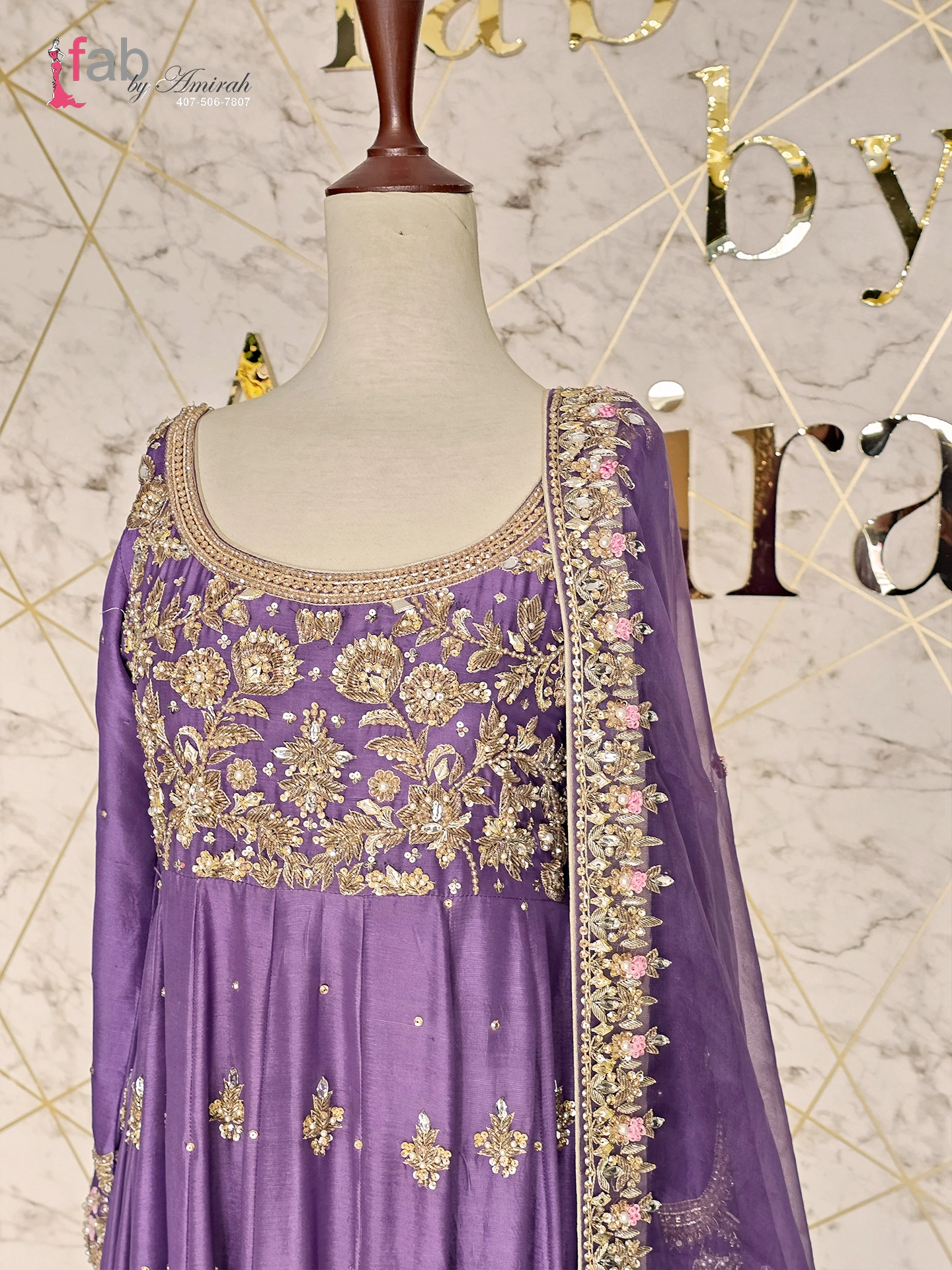 Lavender Pishwas Frock Heavy Gold Embroidered Dress