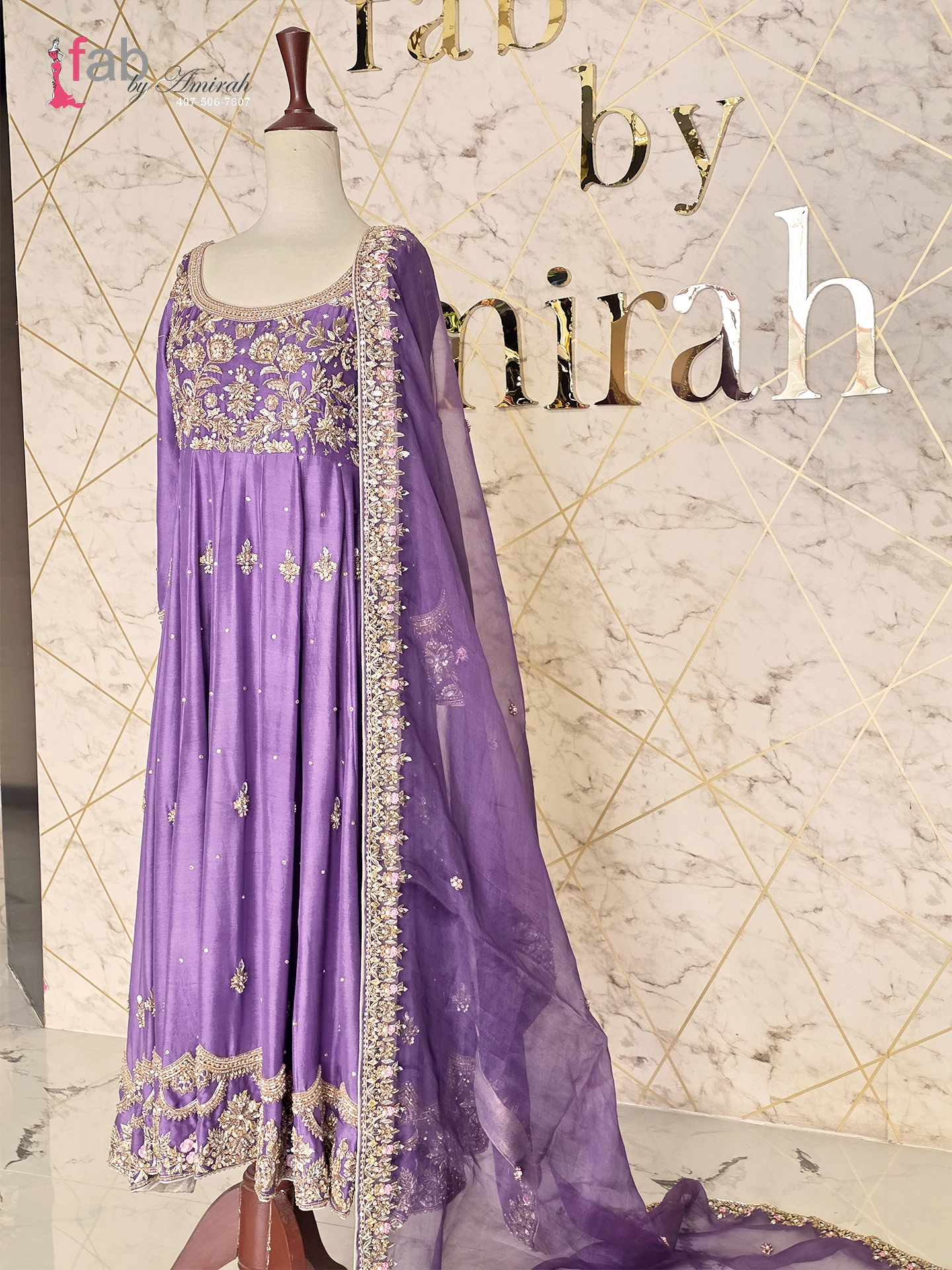 Lavender Pishwas Frock Heavy Gold Embroidered Dress