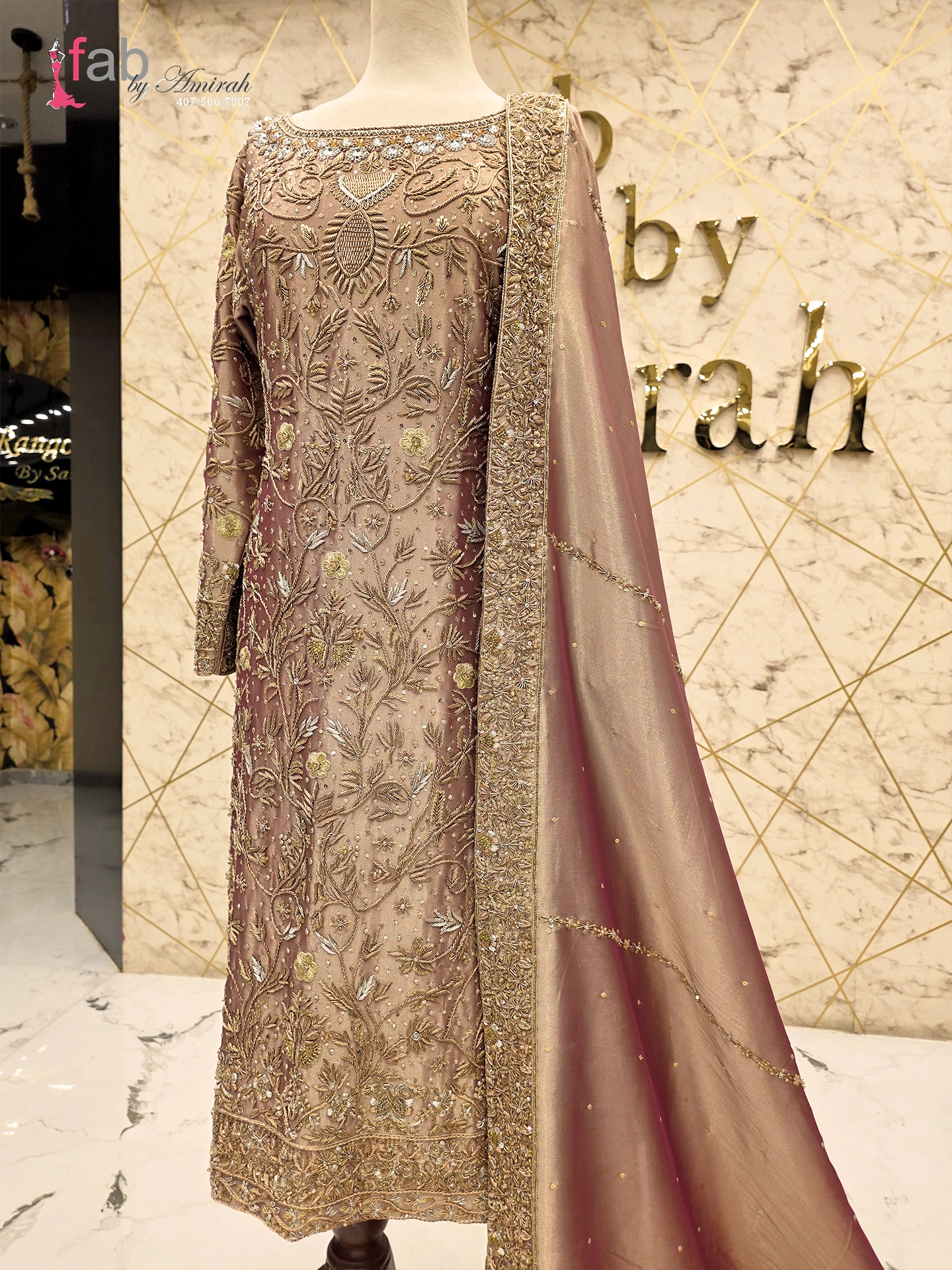 Shimmer Fawn Straight Kameez Suit Heavy Gold Zardozi