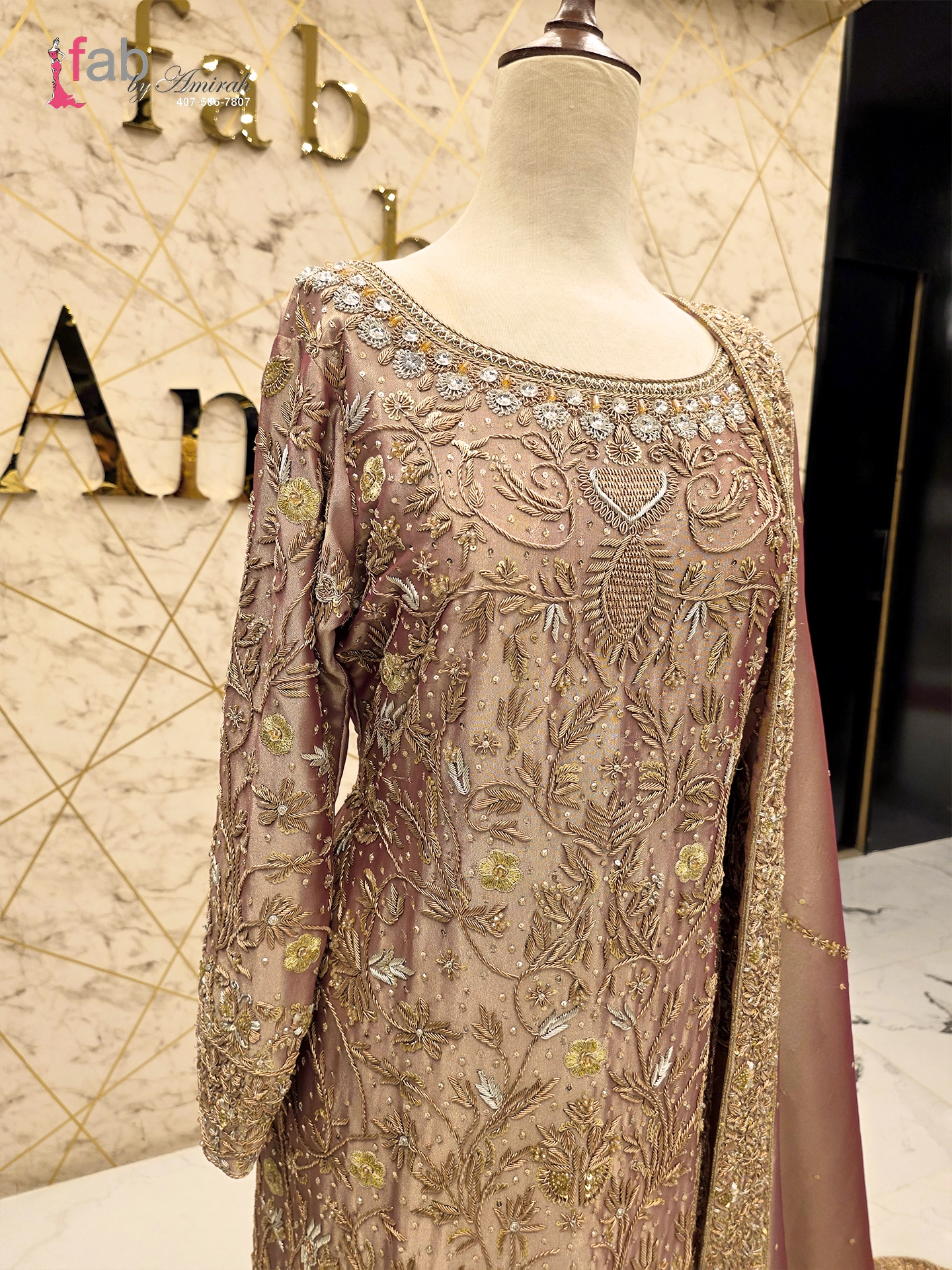 Shimmer Fawn Straight Kameez Suit Heavy Gold Zardozi