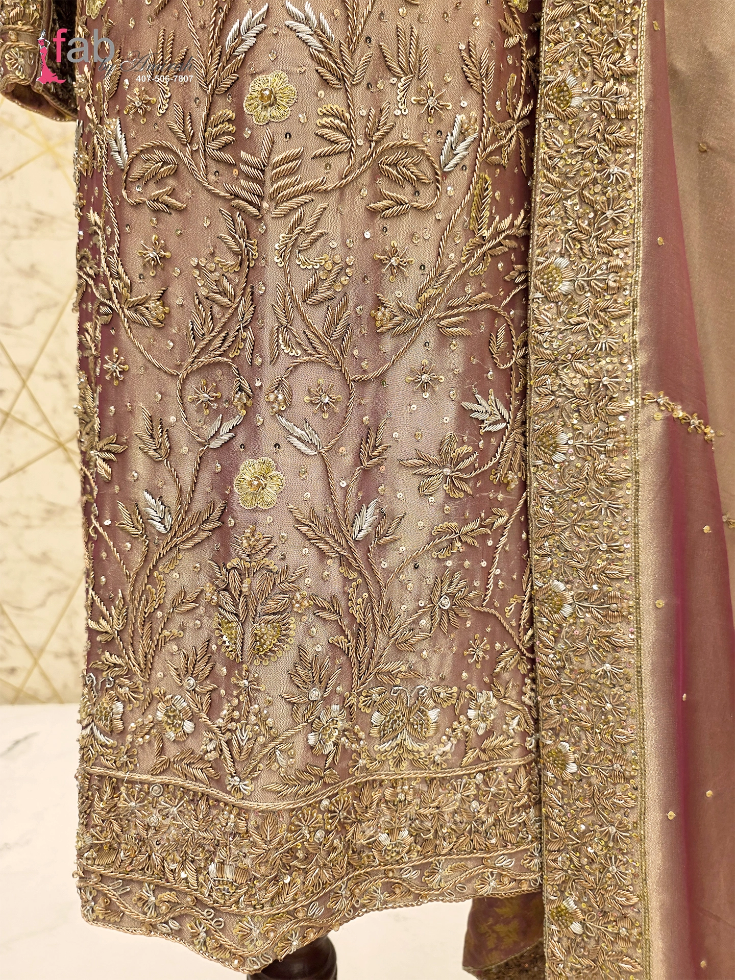 Shimmer Fawn Straight Kameez Suit Heavy Gold Zardozi