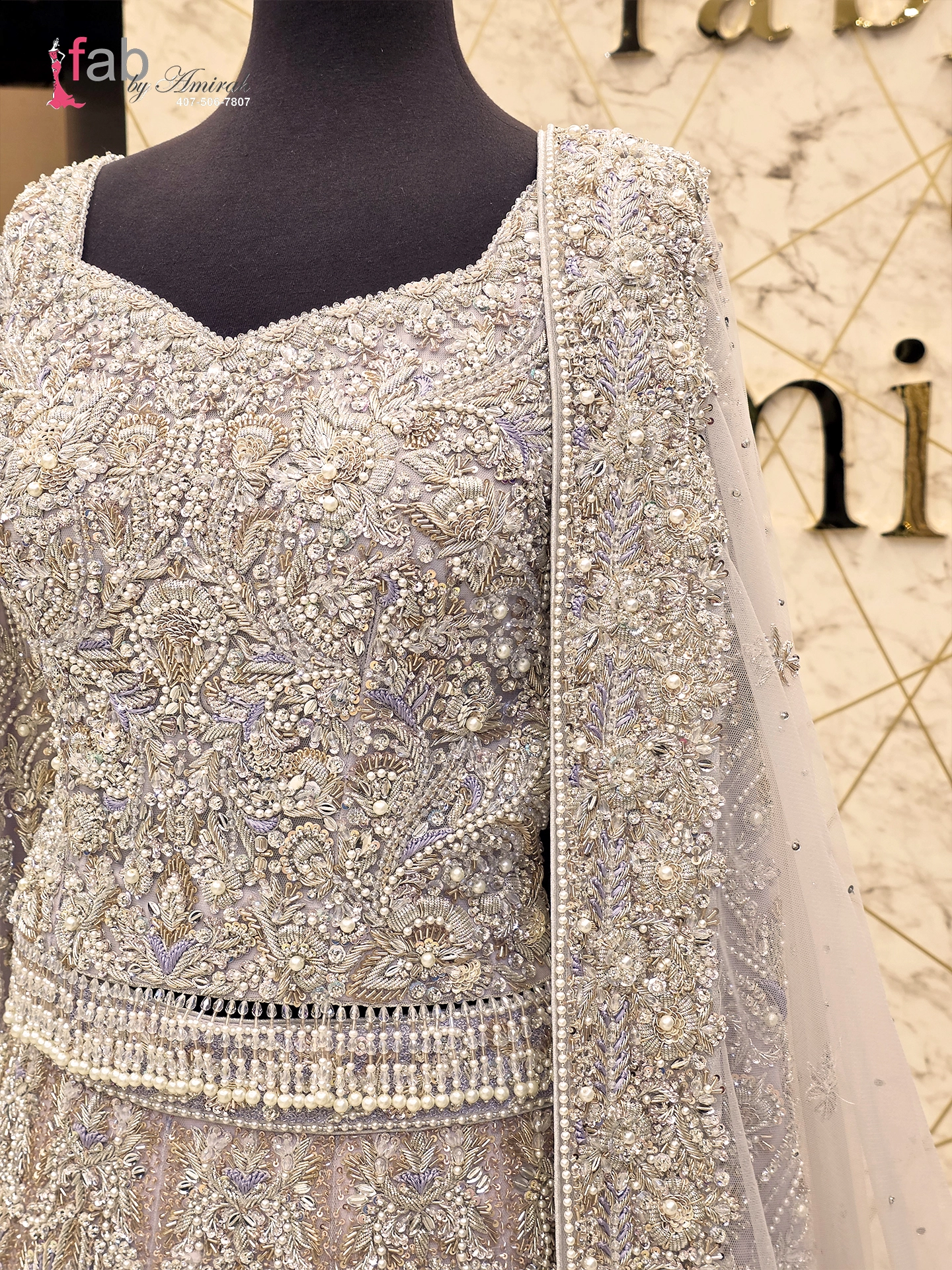 Silver Bridal Lehenga Gown Heavy Crystal Work