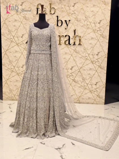 Silver Bridal Lehenga Gown Heavy Crystal Work