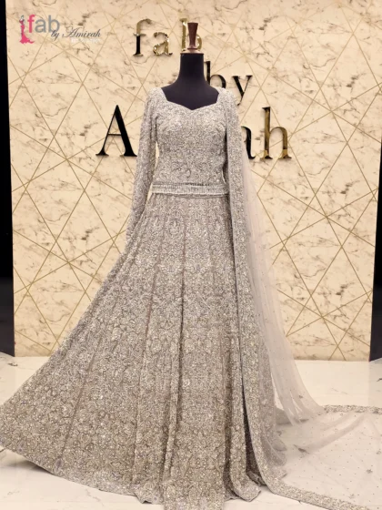 Silver Bridal Lehenga Gown Heavy Crystal Work