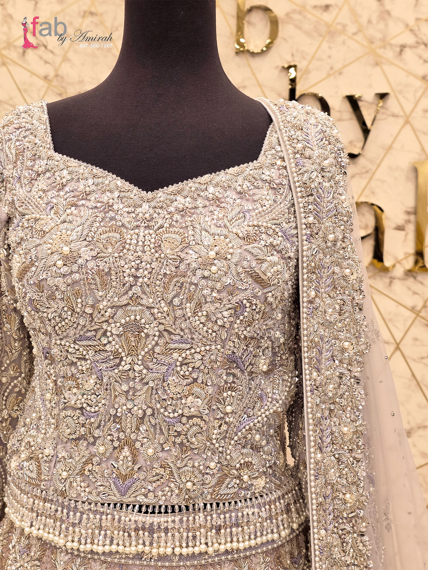 Silver Bridal Lehenga Gown Heavy Crystal Work